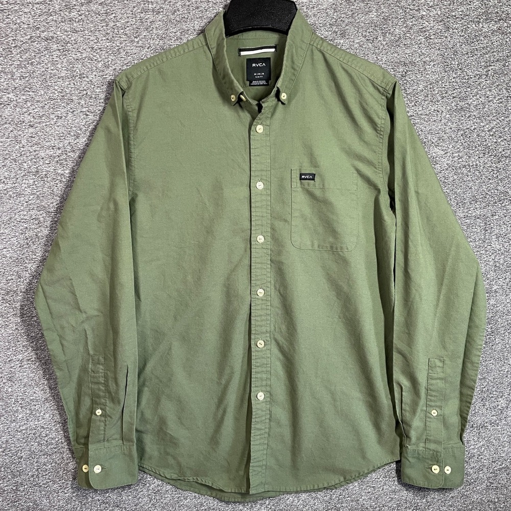 RVCA Shirt Mens M Slim Fit Button Down Olive Green Long Sleeve Size M